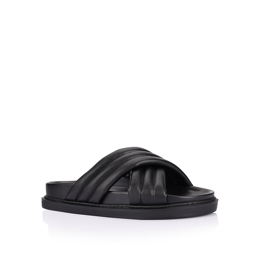 Women's black footbed slides with crossover straps