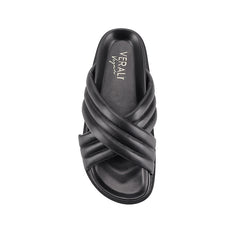 Women's black footbed slides with crossover straps