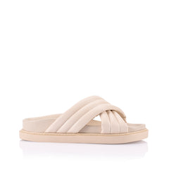 Women's beige smooth vegan footbed slides