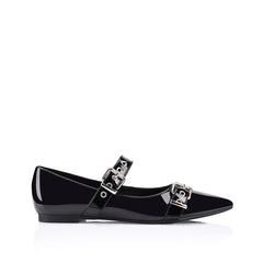 Women's black patent PU ballet flat with pointed toe and buckle detail