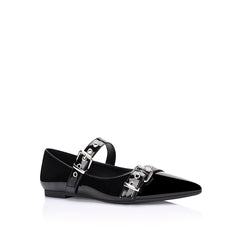 Women's black patent PU ballet flat with pointed toe and buckle detail