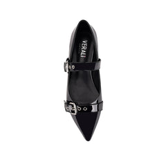 Women's black patent PU ballet flat with pointed toe and buckle detail