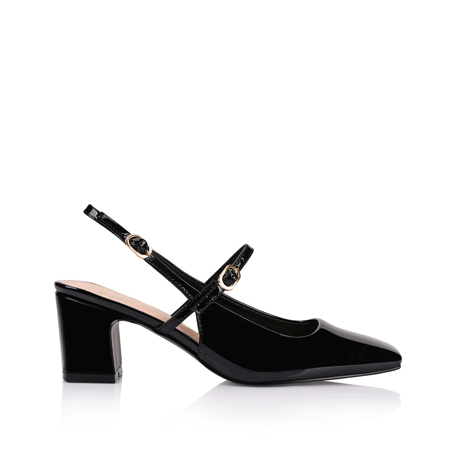 Women's black patent slingback block heel with mary jane strap detailling