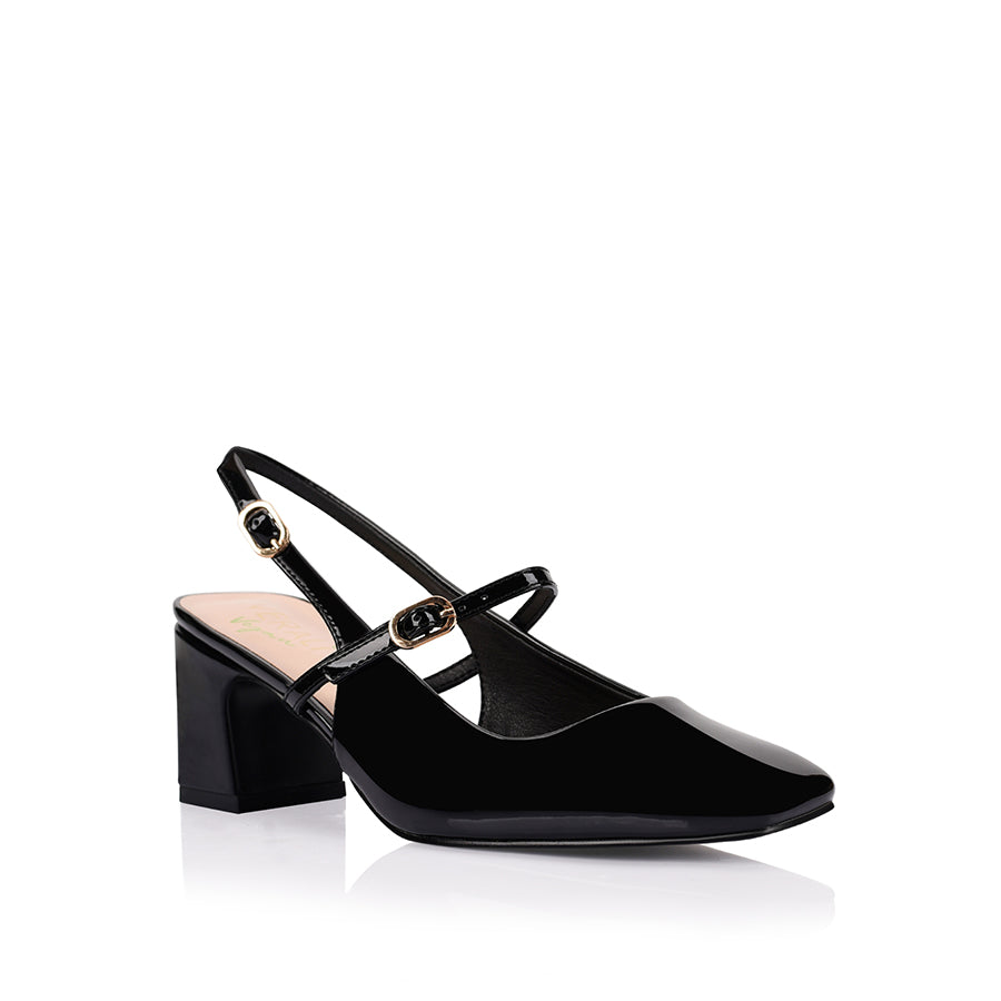 Women's black patent slingback block heel with mary jane strap detailling