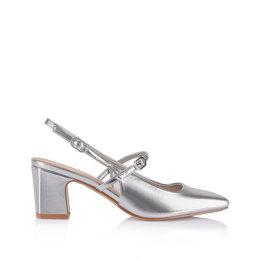 Women's silver mirror slingback block heel with mary jane strap detailling