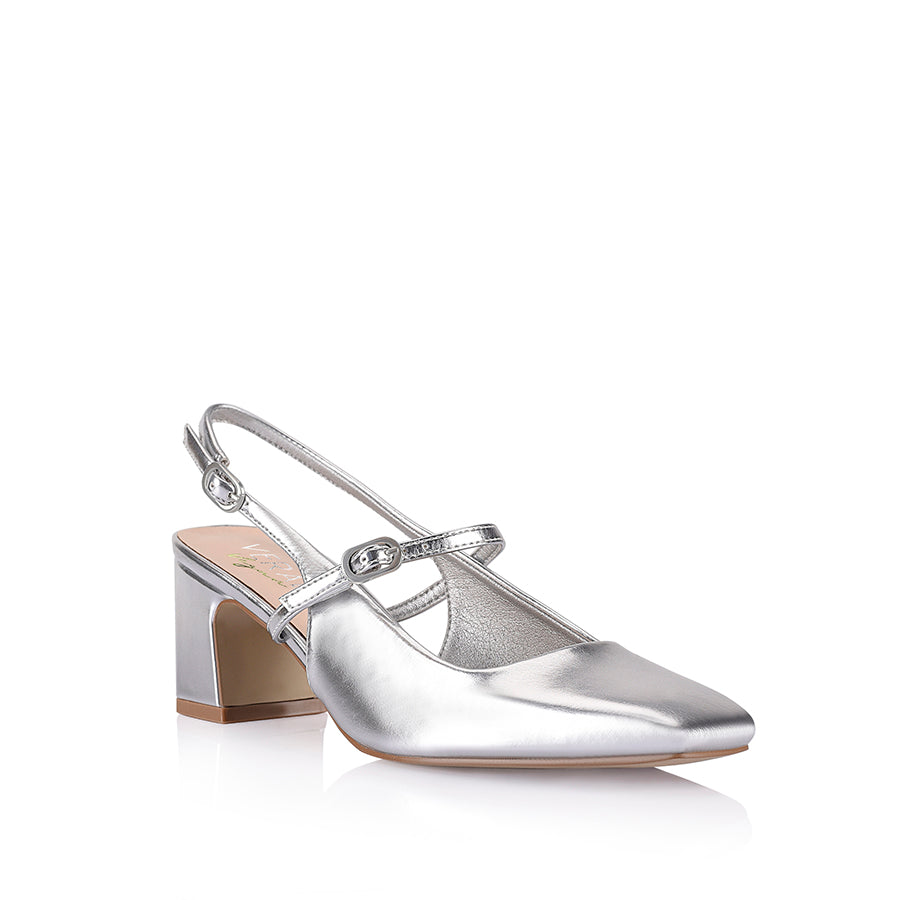 Women's silver mirror slingback block heel with mary jane strap detailling