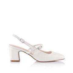 Women's white slingback block heel with mary jane strap detailling