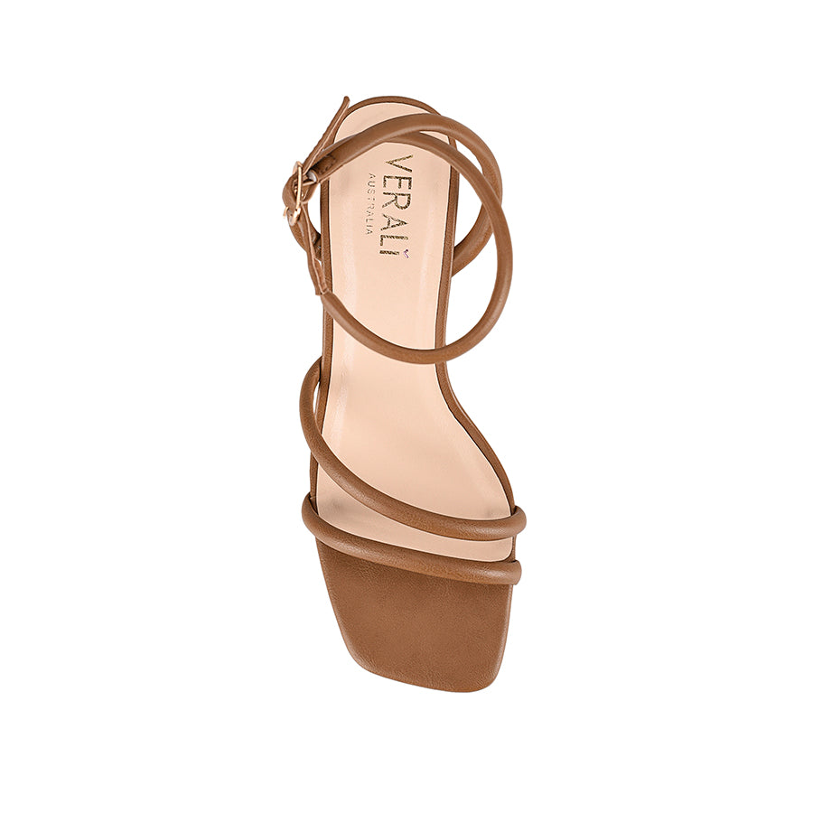 Women's tan strappy block heel with stacked heel