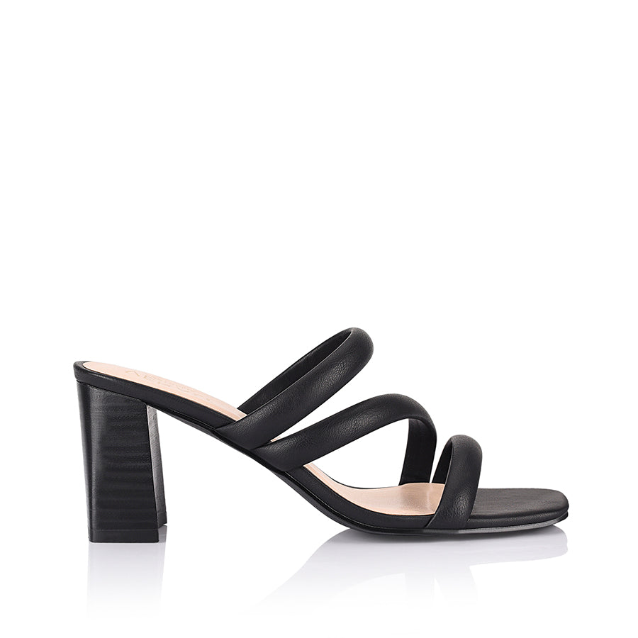 Women's black strappy block heeled mule