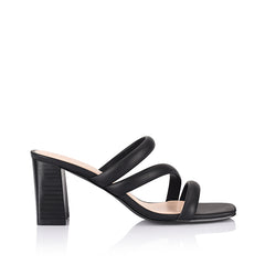 Women's black strappy block heeled mule