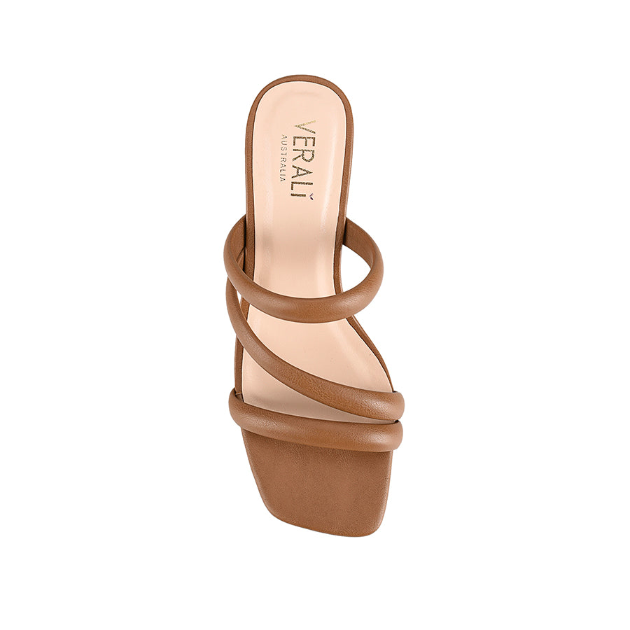 Women's tan strappy block heeled mule