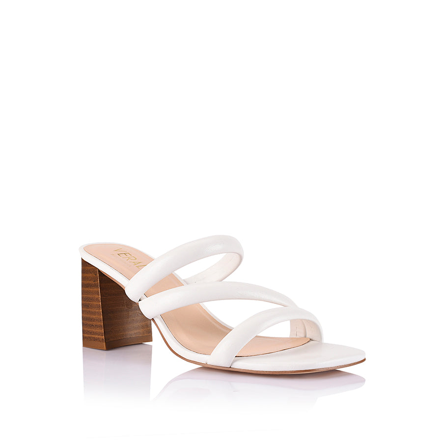 Women's white strappy block heeled mule