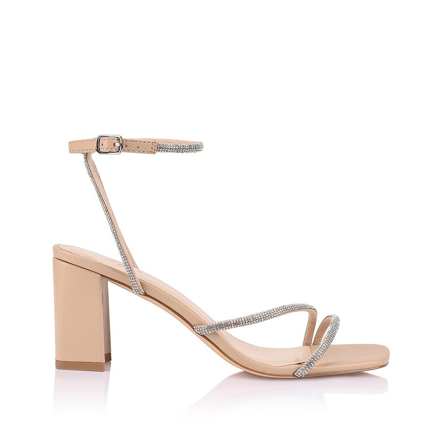 Women's beige nude strappy block heel with embellished straps