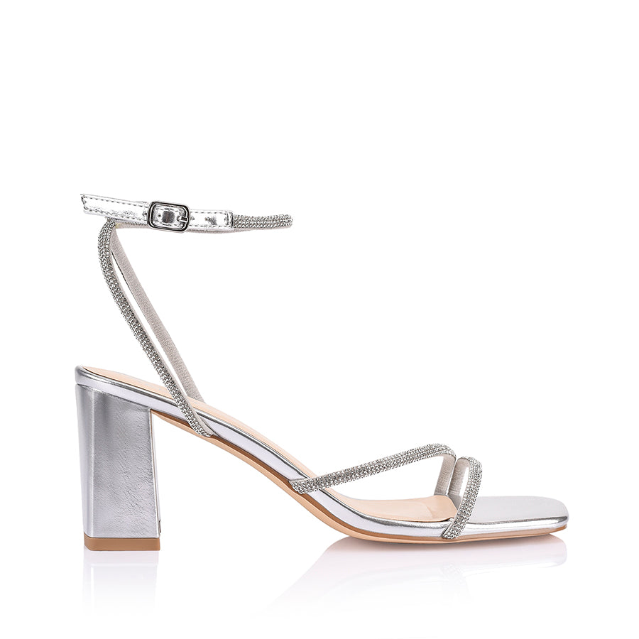 Women's metallic silver strappy block heel with embellished straps