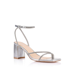 Women's metallic silver strappy block heel with embellished straps