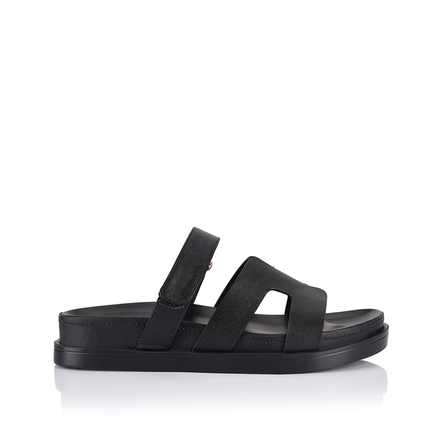 Women's black strappy footbed slide