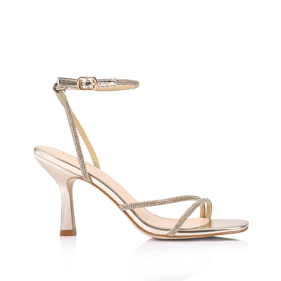 Women's champagne metallic high heel with diamonte straps
