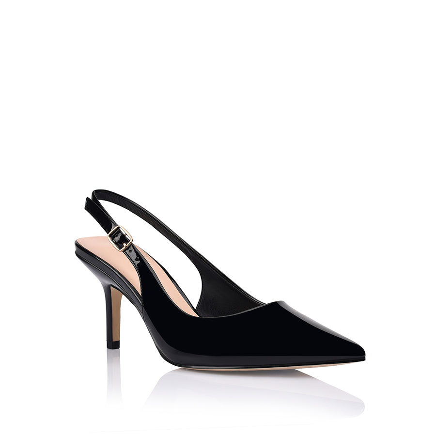 Women's black patent slingback stiletto heel with pointed toe